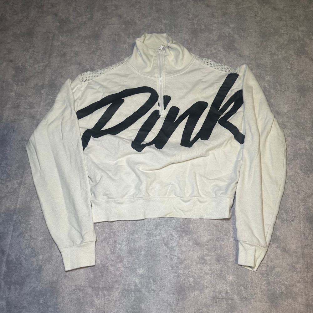 PINK Victoria's Secret Quarter Zip Pullover White Cropped Mesh Sweatshirt XS